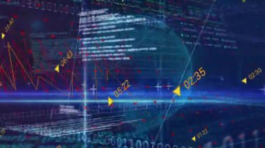 Kamera süzülüşü ikili akımlar ve grafiklerin dönen dünyaya bağlanmasına ticaret verilerini görselleştirmesine neden oluyor. Teknoloji, analitik, görselleştirme, dijital, fütürizm, veri, yenilik