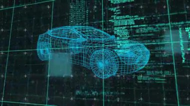 3D araba modelinin animasyonu ve şebeke üzerinde veri işleme. Küresel otomobil mühendisliği, işletme, finans, hesaplama, bağlantılar ve veri işleme kavramı dijital olarak oluşturuldu.