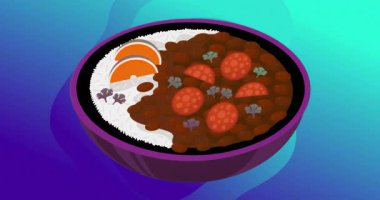 Mor kasede solup gidiyor. Arkaplanda turuncu ve kırmızı dilimleri gösteren pilav ve köri sergiliyor. Soyut, dijital sanat, renkli, gurme, minimalist, enerjik, modern