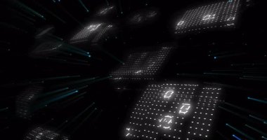 Boşluktan çıkan parlak veri fayansları veri akışını gösteren yüzen ikili panellere neden oluyor. Teknoloji, dijital, fütüristik, soyut, siber alan, yenilik, veri görselleştirme