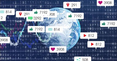 Finansal tablolar ve sosyal medya bildirimleriyle birlikte dünya küresi dijital kod alanı üzerinde dönüyor. Küresel, teknoloji, analitik, iletişim, yenilik, siber güvenlik, veri görselleştirme