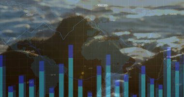 Ekranda gösterilen gösterge paneli, noktalı dünya haritası, gök mavisi çubuğu ve çizgi grafikleri, sayısal etiketler. Analizler, görselleştirme, gösterge paneli, finans, teknoloji, bilgi grafikleri, dijital