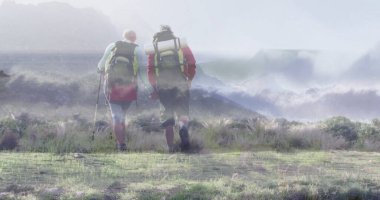 Kıyı otlaklarında sırt çantaları, paspasları ve direkleriyle gezen yürüyüş partnerleri. Macera, keşif, vahşi doğa, doğa, yürüyüş, yolculuk.