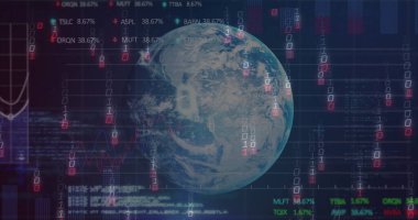Gösterge panelinde Dünya 'nın üç boyutlu küresini döndürerek ikili rakamları, hisse senetleri ve kod panellerini yansıtıyor. Küresel, teknoloji, veri, analitik, yenilik, siber alan, görselleştirme