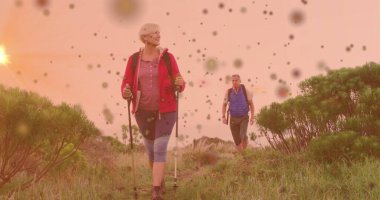 Yetişkin bir kadın, gün batımında çim patikası boyunca yürüyüş yapıyor. Sırt çantalarıyla. Macera, keşif, yolculuk, açık hava, canlılık, dayanıklılık, manzara