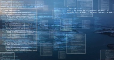 Yarı saydam kod panelleri kayalık adalar ve dijital montajla durgun suyun üzerinde sürükleniyor. Gelecekçi, teknoloji, dinginlik, yenilik, soyut, dijital sanat, vizyon sahibi