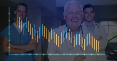 Stetoskoplar ve bar grafikleriyle hastane koridorunda önlüklü ve önlüklü doktorlar. Tıbbi, takım çalışması, profesyonellik, sağlık, analitik, tıbbi personel, klinik