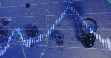 Izgara arayüzünde yüzen 3 boyutlu ağ düğümleri ve şamdan çubukları yeşil eğilim çizgisi ile gösteriliyor. Soyut, dijital, görselleştirme, finans, teknoloji, veri, bağlantı