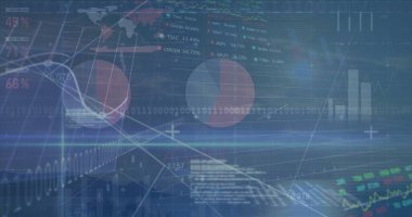 Ekranda gösterilen gösterge paneli dünya haritası, grafikler, ikili kod ve yüzde etiketleri içeriyor. Futuristik, teknolojik, analitik, arayüz, veri, görselleştirme, dijital