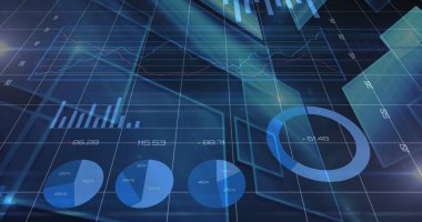 Ekranda çizgi grafiği, çubuk grafiği, turta ve halka grafikleriyle gösteriliyor. Analizler, veri, teknoloji, bilgi, görselleştirme, dijital, fütüristik