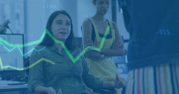 Gesturing analyst in olive shirt leading data-driven discussion in office, with line-graph overlay. Collaboration, teamwork, analytics, business, strategy, modern, professional