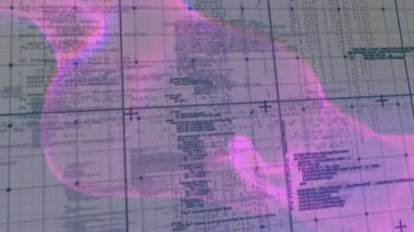 Koordinat ızgarasında beliren yarı saydam pembe sıvı titreşiyor ve sürükleniyor, kodu ortaya çıkarıyor. Soyut, teknoloji, fütüristik, hareket, dijital, yenilik, bilim