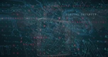 Siyah arka planda güvenlik kilidi simgesi üzerinden siber güvenlik veri işleme animasyonu. Siber güvenlik ve iş teknolojisi kavramı