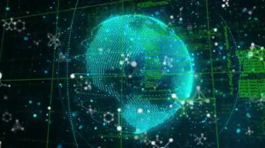 Turkuaz nokta küresi koyu kod alanında maddeleşiyor, dönen düğümler açığa çıkıyor ve veri kümeleniyor. Teknoloji, fütüristik, dijital, yenilik, veri görselleştirme, siber alan, siber ağ