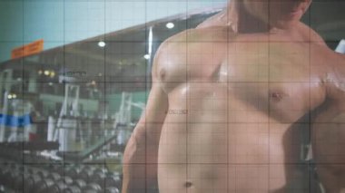 Spor salonu kullanıcısı eline bakıyor ve dambıl kıvırırken animasyon ölçümlerinin üst üste binmesine neden oluyor. Spor, güç, vücut geliştirme, performans, spor salonu, kas, eğitim