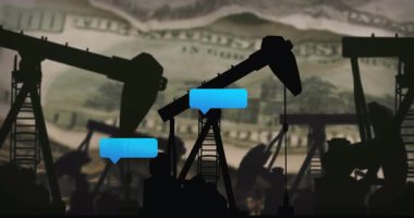Siluetli petrol platformları sohbet simgeleri oluşturmaya başlıyor, sondaj kulesinde parlayan Franklin doları ortaya çıkıyor, sonra da kayboluyor. Sanayi, iletişim, soyut, finans, teknoloji, sohbet, yatırım