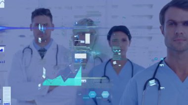 Animation of data processing over diverse doctors and health workers standing together at hospital. Medical healthcare technology concept