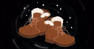 Noktalı dairesel çizgiler kahverengi kış botları etrafında çizerken, kozmik etki için kıvılcımlar yörüngede dönüyor. Kış, ayakkabı, desen, minimalizm, gök, soyut, fantezi