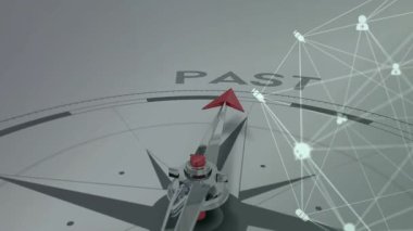 Metalik pusula PAST 'ı işaret ediyor, simgeleri atıyor, kırmızı ok iğnesi geleceğe doğru dönüyor. Navigasyon, ilerleme, yenilik, bağlantı, sağlık, teknoloji, ilerleme