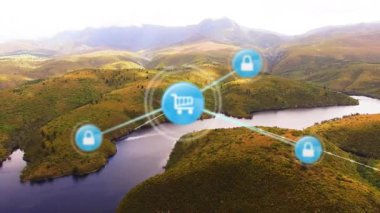 Nehrin gökyüzüne karşı yeşil arazi arasındaki hava görüntüsü üzerinde bağlı ikonların canlandırılması. Dijital bileşik, çoklu pozlama, iletişim, alışveriş, koruma, doğa ve teknoloji kavramı.