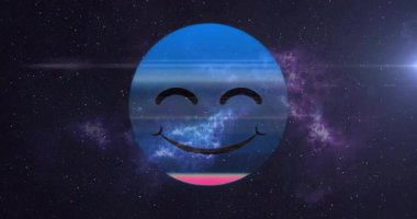 Arızalı çubuklar mavi yüzün üzerinde kayıyor, lensler yanıp sönüyor, ağız küçülüyor ve normale dönüyor. Dijital, sürrealist, enerjik, soyut, geleceksel, kozmik, animasyon