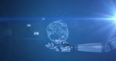 Robotun kolu üzerinden bağlantı ağının animasyonu. Dijital olarak oluşturulmuş küresel yapay zeka, bağlantılar, hesaplama ve veri işleme kavramı.