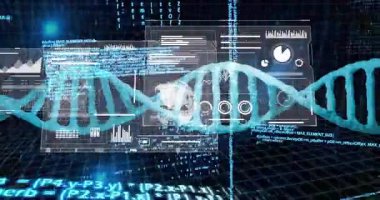 Sağdan gelen paneller parlayan mavi DNA sarmalının dönmesine ve laboratuvar görüşü için kod akışına neden oluyor. Bilişsel, geleceksel, yenilikçi, dijital, görselleştirme, teknoloji, veri