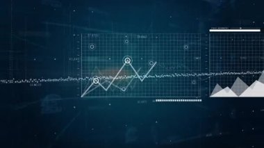 Beyaz noktalar akarken, yarısaydam grafik panelleri kayarak genişliyor ve veri içgörüsü için hizalanıyor. Teknoloji, analitik, ön panel, fütüristik, yenilik, görselleştirme, veri