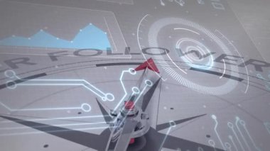 Pusula açma ve başlatma izleri, dönen iğne, hizalama için metin Lider 'e geçiş. Futuristik, teknoloji, navigasyon, dijital, arayüz, yenilik, analitik