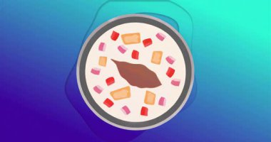 Animasyon yavaş yavaş kıvrımlı karışımla başlıyor. Eğim üzerinde pişirmeyi göstermek için doğranmış parçalarla birlikte. Kentsel, modern, minimalist, canlı, dijital illüstrasyon, yemek hazırlama, aşçılık sanatı