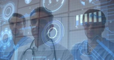 Daire çizelgesiyle karşı karşıya olan tıbbi ekip ve dünya haritası, verileri analiz ederek bar tablosunu etkinleştiriyor. Sağlık, teknoloji, işbirliği, analitik, yenilik, hassasiyet, profesyonel