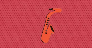 Başlangıçta, düz kırmızı saksafon ikonu polka-nokta alan renklendirme aletinin merkezinde kalıyor. Minimalist, grafik tasarım, klasik, caz, eğlence, soyut, cesur