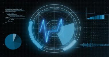 Koyu şebeke kodunda solma, turta radar döndürmesi, dalga biçimi geçiş çubuklarında veri görüntüleme. Teknoloji, veri görselleştirme, siber güvenlik, dijital arayüz, analitik, fütüristik, hareket grafikleri