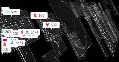 Panelden sonra yüzen simgeler UI 'nin kablo grafiğinde çoğalarak artan bağlantıyı gösteriyor. Futuristik, dijital, teknoloji, arayüz, veri, iletişim, bağlantı