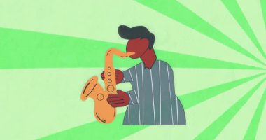 Müzisyen saksafon kaldırıyor, tuşlara basıyor ve üflerken yeşil ışıklar müziği vurguluyor. Caz, performans, ritim, soyut, canlılık, sanatçılık, eğlence