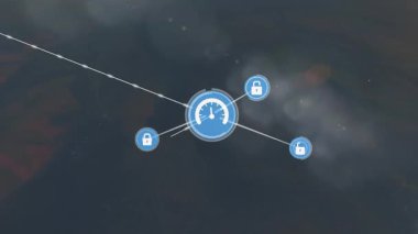 Gökyüzüne karşı dağların siluetinin üzerindeki çizgilerle bağlantılı simgelerin canlandırılması. Dijital bileşik, çoklu pozlama, iletişim, manzara, doğa ve teknoloji kavramı.