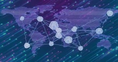 Titreşen Avrupa düğümü Asya Afrika Kuzey Amerika 'daki ikonlara beyaz çizgiler gönderiyor, ağı genişletiyor. Bağlantı, siber uzay, görselleştirme, dijital, geleceksel, teknoloji, veri