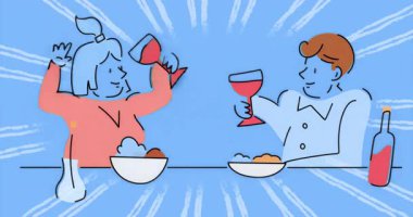 Animasyonlarda çift el sallıyor, şarap kadehlerini kaldırıyor sonra yudumluyor ve kutlamak için şıngırdıyor. Romantik, kutlama, tost, zarafet, samimiyet, stilize, şenlikli