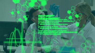 Laboratuvarda çalışan çeşitli erkek ve kadın bilim adamları üzerinde tıbbi veri işleme animasyonu. Tıbbi araştırma ve bilim teknolojisi kavramı