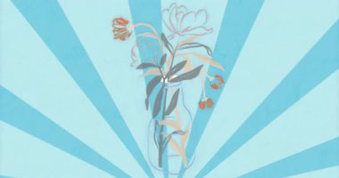 Başlangıçta cam vazoda pembe taç yaprakları ve titreşimli çiçeklerle süslenmiş çiçekler vardı. Çiçek, zarafet, animasyon, stil, arka plan, canlı, tasarım