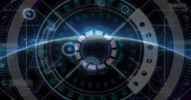 Açılıyor, merkezde halkalar soluyor, ışınlar gezegen ufkunu süpürürken retikül ortaya çıkıyor. Fütürist, holografik, arayüz, teknoloji, boşluk, dijital, bilim kurgu