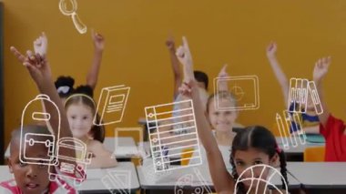 Eğitim okulu ikonlarının sınıftaki çeşitli okul çocukları üzerindeki animasyonu. Küresel eğitim, öğrenim ve ilkokul konsepti dijital olarak oluşturuldu.