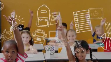 Eğitim okulu ikonlarının sınıftaki çeşitli okul çocukları üzerindeki animasyonu. Küresel eğitim, öğrenim ve ilkokul konsepti dijital olarak oluşturuldu.
