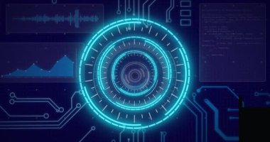 Mavi arkaplanda tarama ve veri işleme animasyonu. küresel teknoloji ve dijital arayüz kavramı dijital olarak oluşturulmuş video.