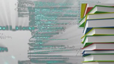 Bulanık kod sola kayıyor, formüller grafikler ve Venn diyagramı kitap yığınına göre animasyon yaparken kayıyor. Teknoloji, eğitim, veri, analiz, yenilik, araştırma, dijital