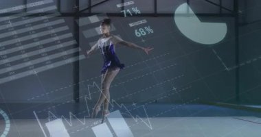 Genç artistik patinajcı süzülüyor, zıplıyor, dönüyor ve spor analitiği çizelgeleriyle bitiriyor. Sporcu, performans, zarafet, hareket, dijital, veri, modernizasyon
