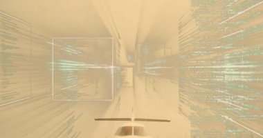 Dijital koridor kod panelleri, beyaz jet burnu gerçek piste çıkıyor ve taksicilik yapıyor. Teknoloji, havacılık, fütürizm, ulaşım, yenilik, gösterişli, dinamik