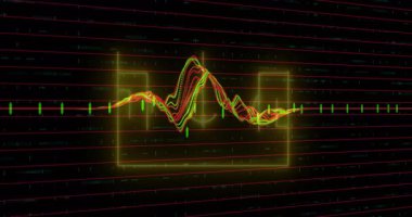 Açılma ızgarası aktif neon dalgaboyu salınan parlayan çerçeve, iplikler katman katman, yerleşik okuma. Teknoloji, dijital, neon, veri, yenilik, fütüristik, analitik