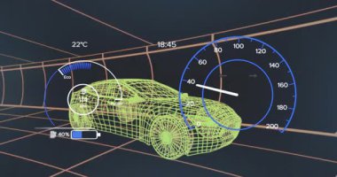 Animation of car interface over digital car on black background. Global transport, travel and digital interface concept digitally generated video.