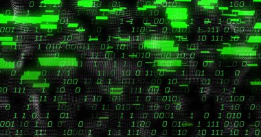 Pikselleştirilmiş sanal veri ızgarasında parlayan veri bloklarıyla dalgalanan yeşil ikili kod satırları. Teknoloji, siber güvenlik, dijital, fütüristik, soyutlama, veri görselleştirme, siber ağ
